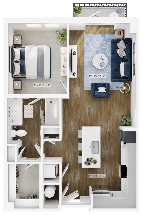 Floor plan for 1 bed, 1 bath, 800 sqft